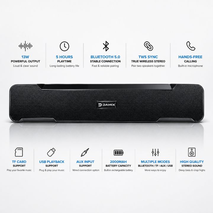 DAMIX%20Wireless%20Bluetooth%20Soundbar%20Speaker%2013W%20%7C%20Bluetooth%205.0%20%7C%202000mAh%20Battery%20%7C%20TWS%20Stereo%20%7C%20USB/TF%20Card/AUX%20%7C%20Built-in%20Mic%20-%20Image%202