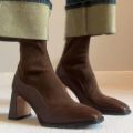 Spliced square Head High-end Chelsea Boots Women 2025 Autumn New French Style with Skirt Lightweight Thick Heel Short Boots.