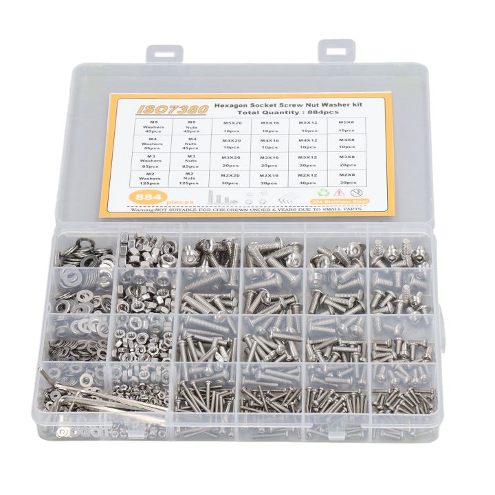 884 Pcs Stainless Steel Screw Nut Washer Wrench Kit M2 M3 M4 M5 Half Round Head Hex Socket Screws Nuts Washers Wrench Set