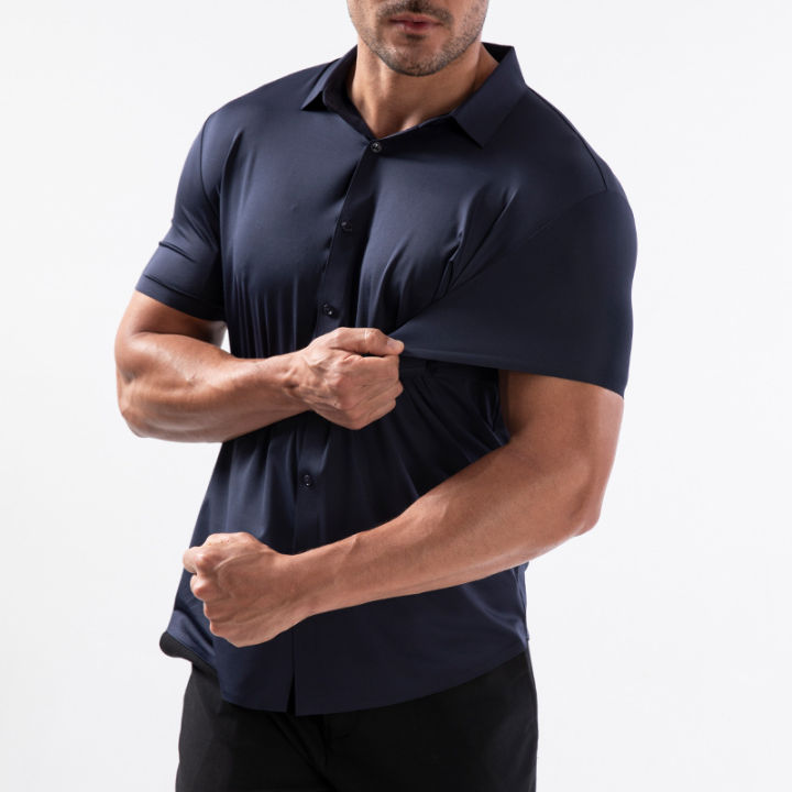 High%20Quality%20Summer%20Business%20Shirts%20For%20Men%20Short%20Sleeve%20Button%20Wrinkle%20Free%20Elasticity%20Social%20Black%20Office%20Dress%20Shirts%20US%20Size%20-%20Image%206