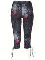 Plus Size 1XL-5XL Casual Leggings Women's Plus Floral Print Lace Up Slight Stretch Slim Fit Capri Leggings. 