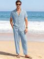 Men Beach Short Sleeve Shirt Pants Set Summer Casual Ice Silk Polo Shirt Long Pants 2-Piece Set Trendy Daily Male Suit. 