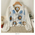 Granny Square Top Long Sleeve Button Front Collared Open-knit Crochet Cardigan Women Teengirl Spring Summer Fairycore Outfit. 