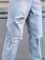 Men's Light Blue Ripped Jeans for Spring and Autumn. Casual Denim Trousers. Street Ripped Daily Casual. 
