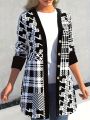 Plus Size Women's Elegant Geometric Print Button-Up Cardigan Knit Long Sleeve Open Front Sweater Autumn/Winter Casual Outerwear.