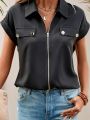 Ladies Casual Plus Size 1XL-5XL Short Sleeve Elegant Solid Color Shirt Women's Black Zip-Up Blouse Button Lapel  Blouse Shirt. 