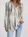 Plus Size Women's Casual New Casual V-neck Printed Fashionable Curved Hem Rolled Sleeve Shirt. 