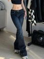 Kalevest Y2K High Street Low Rise Jeans Blue Women Pants Bootcut Pockets Jeans Streetwear Low Waist Jeans Wide Leg Pants.