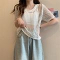 Casual Women Beach Slim Tops O-Neck Summer Sexy Hollow Out Knitting Shirt Women Chic Short Sleeved Knit T-shirt. 