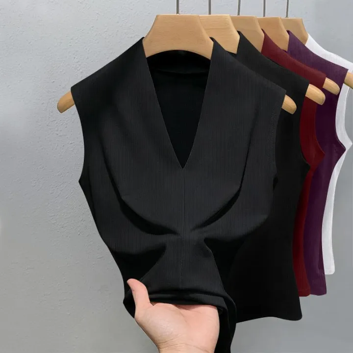 Summer%20Women's%20V-neck%20Sleeveless%20Vest%20Slim%20Fit%20Outerwear%20for%20Girls%20Solid%20Color%20%20Fashionable,%20Casual,%20Breathable%20Base%20T-shirt%20-%20Image%203