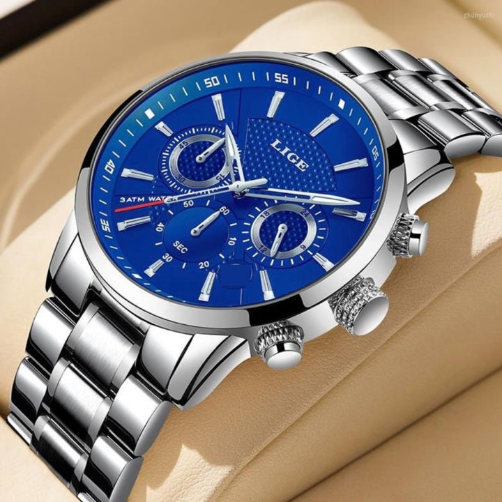 Stainless Steel / Leather Band Luxury Men Watch Quartz Analog Business Chain Casual Wrist Dial LIGEx Watches For Boys Gents Blue Black Brown White High-Five LK