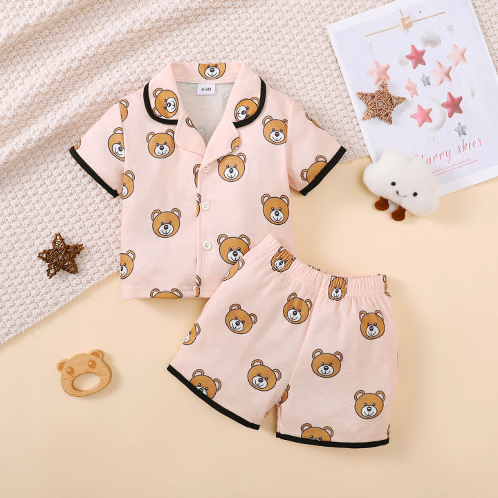 2PCS Pajama Set Cartoon Cute Pattern Short Sleeved Top+Shorts Comfortable and Soft Summer Home Wear for Baby Boy&Girl 0-3 Years