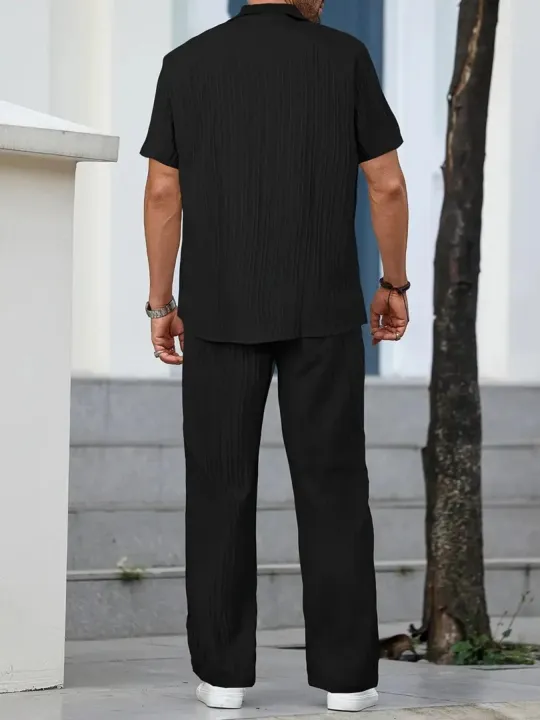 2025%20New%20Men's%20Short-Sleeved%20Cardigan%20Lapel%20Shirt%20Pants%20Home%20Casual%20Jacket%20Suit%20Men's%20Fashion%20Striped%20Style%20-%20Image%205
