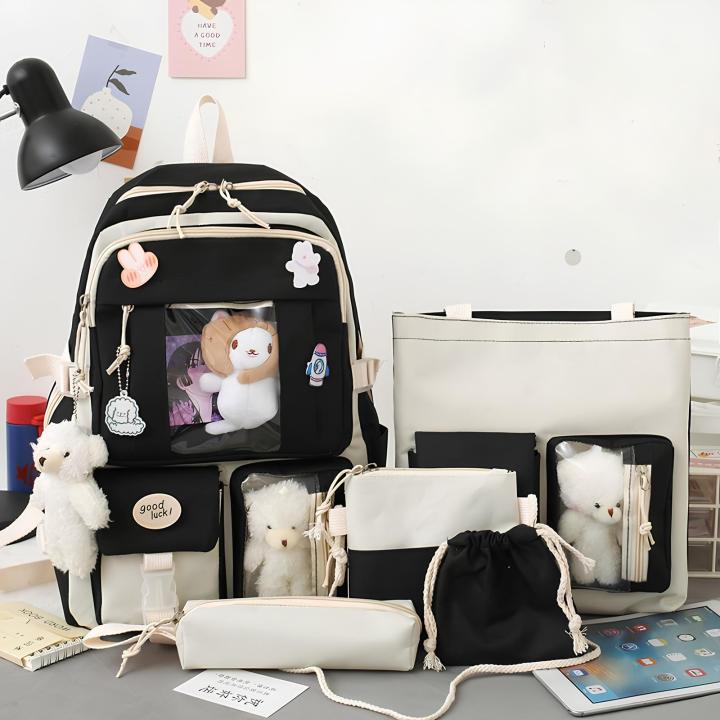 5-Piece Kawaii School Backpack Combo Set – Includes Backpack, Pencil Case, Lunch Bag, Tote & Bear Pendant – Preppy Plaid Design - View #9