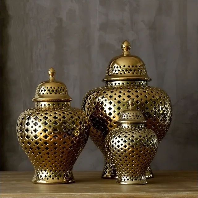 Decorative Jar Ginger Jar Vase Decor Vintage Ginger Jar with Lid Carved Lattice Decorative Temple Jar Stunning Home Decor Intricate Ginger Jars Storage Jar