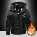 Men's Winter Warm, Hooded Jacket with Raw Edge, Lined Aviator Jacket, Embroidered Badge Design, Windproof and Waterproof Jacket.