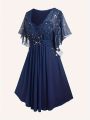 Fashion Women's Plus Size Explosions Star Print Button Pocket Pleats butterfly Sleeve Elegant Temperament Dress. 