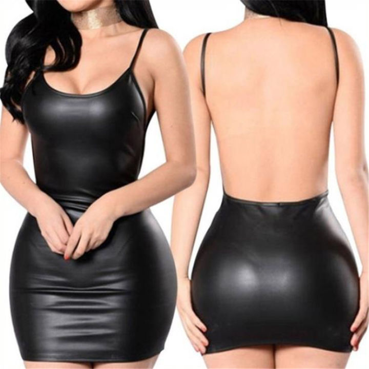  Faux Leather Dress Backless Club Party Short Dress Solid Black Wet Look Latex Bodycon Push Up Bra Mini Micro Dress