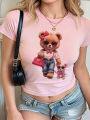 Kawaii Bear with Girls Design Cropped Girls Crop Top T Shirt Women's Print Shirt T-shirt Funny Top Tee. 