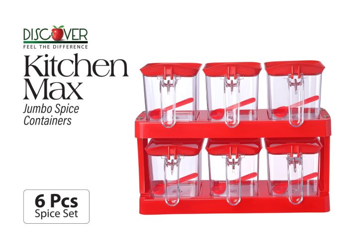 Discover KITCHEN MAX condiments & spice rack with 6pcs jars & spoon 650ml.