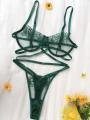 High-End Floral Embroidered Underwire Bra Set, Women's Mesh Unlined Bra + Panties.