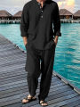 Men's Two-piece Set Casual Henley Collar Long Sleeved Shirts and Pants Solid Color Suit Vacation Beach Tracksuits Summer Set.