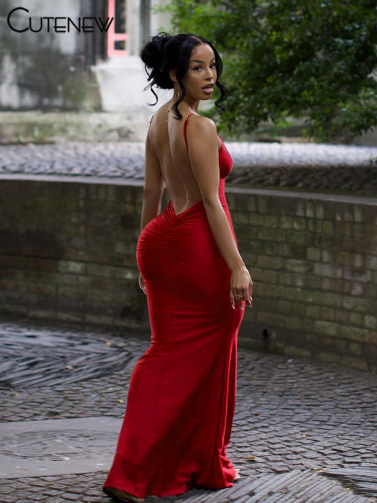 Nibber%20Red%20Shiny%20Spaghetti%20Strap%20Maxi%20Dress%20Women%20Solid%20%20Backless%20Ruched%20Cleavage%20Body-shaping%20Robe%20Lady%20Hipster%20Streetwear%20-%20Image%203