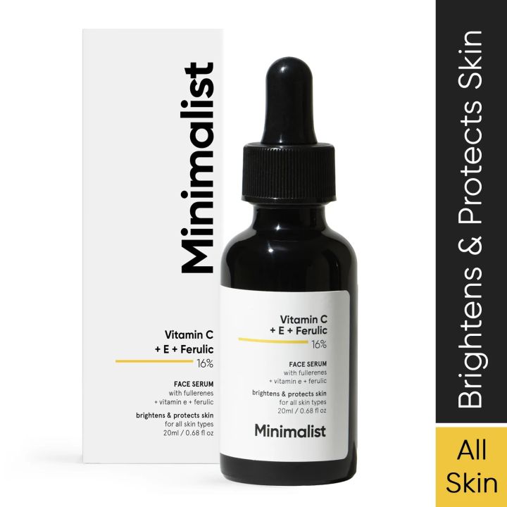 Minimalist Skin Brightening Vitamin C 16% Face Serum for All Skin Type | Treats Uneven Skin Tone with Advanced Glowing Formula With Power of Vit C & E, Ferulic Acid & Fullerenes to boost radiance, Protects from Oxidative Stress & Improves Skin Texture| Fo