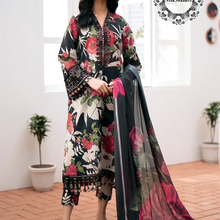 Digital Printed 3 Pcs Unstitched Fancy Lawn Suit in Floral Black Color , Digital Printed Lawn Shirt and Trouser, Embroidered Digital Printed Lawn Khaadi Dupatta ,Foe Ladies ,Girls and Women,Latest Summer Lawn Collection