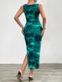 Women's 2024 Spring Summer New Fashionable Printed Round Neck Style Slimming Sleeveless Tight Dress With Split Bottom. 