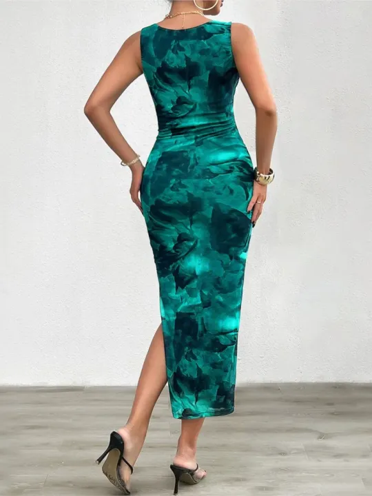 Women's%202024%20Spring%20Summer%20New%20Fashionable%20Printed%20Round%20Neck%20Style%20Slimming%20Sleeveless%20Tight%20Dress%20With%20Split%20Bottom%20-%20Image%206
