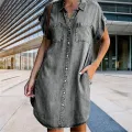 Women Denim Shirt Dresses Short Sleeve Distressed Jean Dress Button Down Casual Tunic Top. 