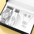 6PCS Set Rose Gold Luxury Watch Women Ring Necklace Earring Rhinestone Fashion Wristwatch Casual Ladies Bracelet Watches. 
