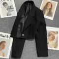 Black Cropped Blazers Woman Trend 2024 New All-match Notched Collar Crop Jacket Women Korean Chic Single Button Suit Coat. 