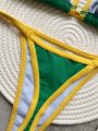 RUOTONSEPT  Embroidery Brasil Flag Contrast Split Bikini Set Women Swimwear Patchwork Swimsuit Hottie Outfit SummerBeachwear. 