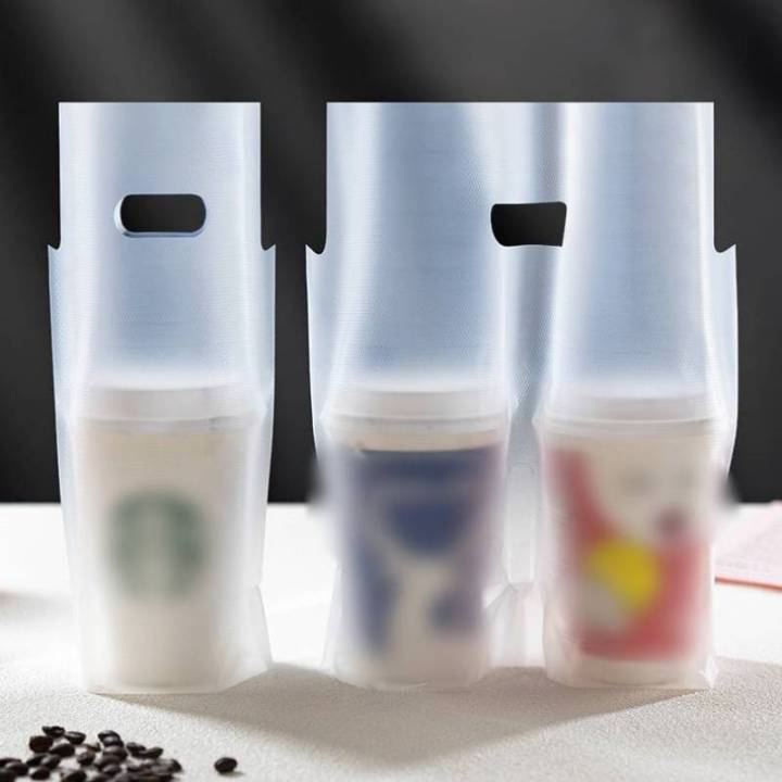 50pcs Single and Double Cup Milk Tea Packaging Bags Frosted Transparent Disposable Beverage Plastic Bags Coffee Takeout Tote Bag