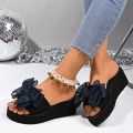 Summer Women's Thick Soled High Heels Slippers New Seaside Fashion Bow Wedge Black Beach Sandals. 