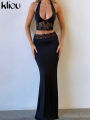 kliou Lace Patchwork Women 2 Piece Set Halter Fashion Backless Sheer V-neck Tanks+Trim Matching Long Skirts Mujer Elegant Suits.