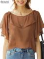 ZANZEA Women Chiffon Blouse Elegant Short Sleeve Shirt 2024 Summer Korean Fashion Solid Tops Tunic Casual Loose Ruffle Hem Blusa. 