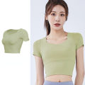 Slim Solid T Shirts for Women with Chest Pads Yoga T Shirts Gym Trainning Running High Elastic Fashion Knit Fitness Short Sleeve.