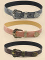 Western Style Printed Solid Color Pu Belt Buckle, Retro Casual Women's Belt, Classic Jeans Decorative Belt. 