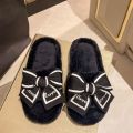 Casual Fluffy Slippers Women House Flats Fashion Winter Bowknot Love Designer Shoes Ladies Home Plush Platform Elegant Footwear.