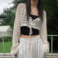 Crochet Crop Tie Front Cardigan Women Long Sleeve Sheer OpenKnit Bolero Shrug Top Summer Beach Bikini Cover Up Y2K Outfit. 