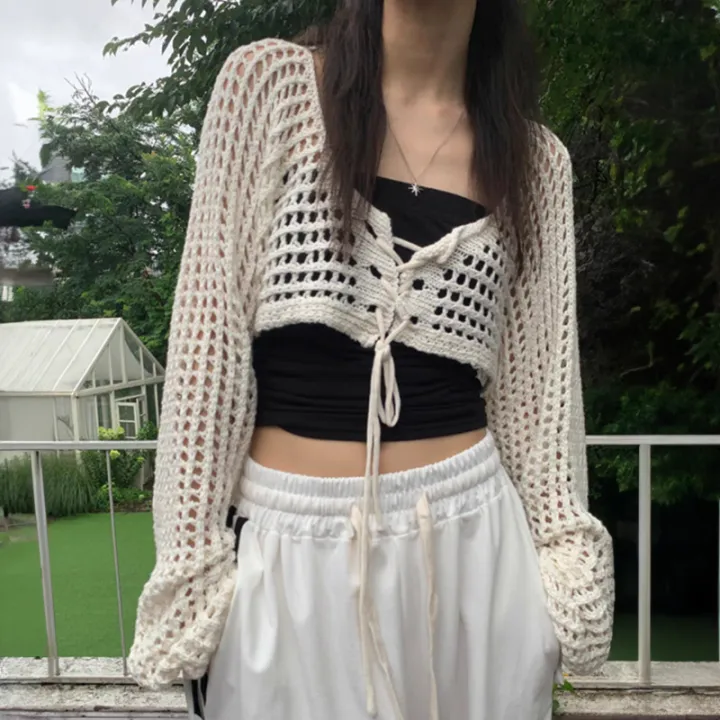 Crochet%20Crop%20Tie%20Front%20Cardigan%20Women%20Long%20Sleeve%20Sheer%20OpenKnit%20Bolero%20Shrug%20Top%20Summer%20Beach%20Bikini%20Cover%20Up%20Y2K%20Outfit%20-%20Image%202