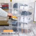 Clear shoe box, open storage box, front lid with 2 sizes. 