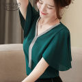 Womens Tops and Blouses Women Short Sleeve Shirts White Chiffon Blouse Womens Clothing V-Neck Solid Color Women Blusas 3897. 