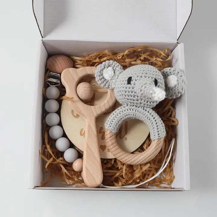 4pcs%20Newborn%20%20Set%20-%20Baby%20crochet%20rattle%20Pacifier%20Clip,%20Teether,%20-%20bunny%20teether%20elephant%20toy%20photography%20background%20set%20-%20Image%205