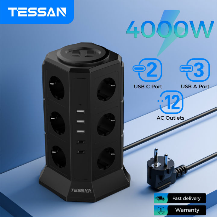 TESSAN Multiple Socket Power Strip with 12 Outlet +3 USB +2 Type C EU ...
