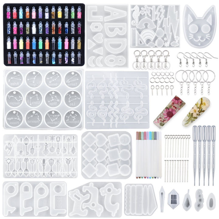 Silicone Casting Resin Jewelry Molds Set Epoxy Resin Tools Set Keychain Resin Molds for DIY Jewelry Pendants Craft Making