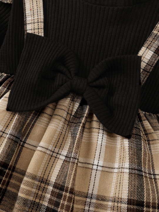 New%20Baby%20Girl%20Spring%20And%20Autumn%20Black%20Checkered%20Fake%20Two-piece%20Big%20Bow%20Headband%20Dress%20For%20Daily%20Outdoor%20Wear%20-%20Image%205